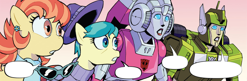 Size: 1889x623 | Tagged: safe, artist:caseycoller, derpibooru import, edit, idw, aunt holiday, auntie lofty, earth pony, pegasus, spoiler:comic, spoiler:the magic of cybertron01, arcee, autobot, female, greenlight, hat, image, lesbian, open mouth, png, reaction image, sunglasses, the magic of cybertron, transformers, wide eyes