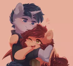Size: 1820x1644 | Tagged: safe, artist:floweryoutoday, derpibooru import, oc, oc:slumber tea, oc:tesseract, bat pony, pony, unicorn, blushing, clothes, commission, couple, cute, hoodie, hug, image, looking at each other, love, oc x oc, png, scarf, shipping, simple background, slumberact, standing, wholesome, ych result