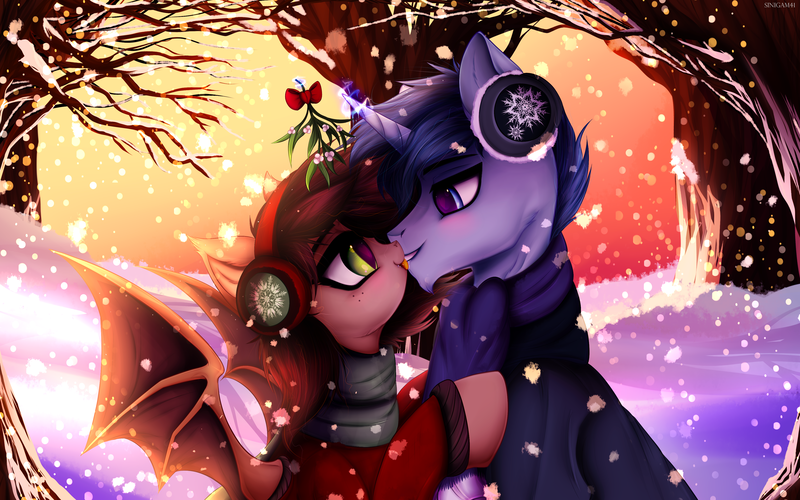 Size: 3995x2495 | Tagged: safe, artist:sinigam41, derpibooru import, oc, oc:slumber tea, oc:tesseract, bat pony, pony, unicorn, blushing, clothes, commission, couple, cute, ear warmers, forest, forest background, image, kissing, licking, licking lips, looking at each other, love, mistletoe, oc x oc, png, scarf, shipping, slumberact, standing, tongue out, tree, wholesome, winter, winter coat
