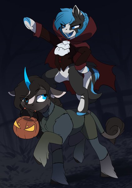 Size: 2481x3507 | Tagged: safe, artist:arctic-fox, derpibooru import, oc, oc:blue bell, oc:fúria, unofficial characters only, earth pony, pony, unicorn, clothes, costume, halloween, halloween costume, holiday, image, jpeg