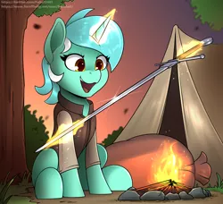 Size: 5000x4560 | Tagged: safe, artist:felixf, derpibooru import, lyra heartstrings, unicorn, campfire, fantasy, fire, image, magic, magic aura, png, smiling, solo, sword, tent, tree, weapon