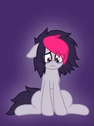 Size: 1123x1500 | Tagged: safe, artist:froyo15sugarblast, derpibooru import, oc, oc:miss eri, earth pony, pony, dark circles, emo, eye clipping through hair, fanart, gradient background, image, looking down, png, sad, sitting, solo