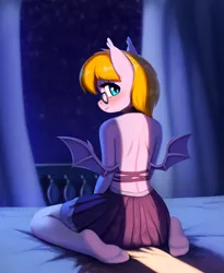 Size: 1900x2318 | Tagged: suggestive, artist:mrscroup, derpibooru import, oc, oc:ember eclipse, anthro, bat pony, plantigrade anthro, bat pony oc, bat wings, clothes, female, high res, image, indoors, jpeg, skirt, solo, wings