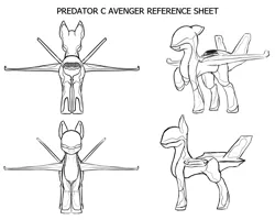 Size: 1500x1200 | Tagged: safe, artist:andromailus, oc, unofficial characters only, original species, plane pony, pony, predator drone, black and white, concept art, drone, grayscale, image, monochrome, plane, png, raised hoof, smiling