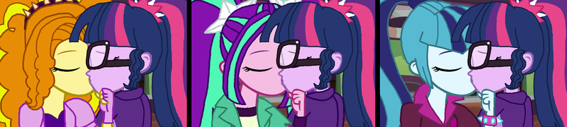 Size: 2558x574 | Tagged: safe, artist:bigpurplemuppet99, derpibooru import, adagio dazzle, aria blaze, sci-twi, sonata dusk, twilight sparkle, equestria girls, adagilight, female, image, jpeg, kissing, lesbian, shipping, sparkleblaze, the dazzlings, twinata