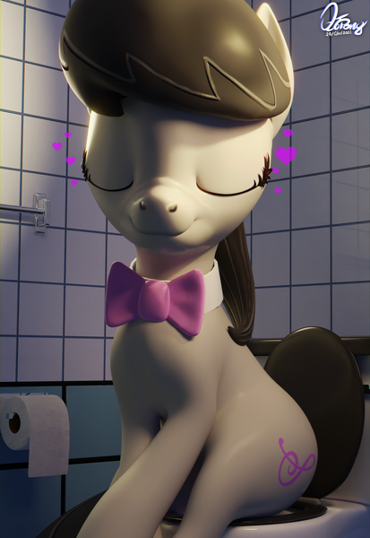 Size: 1320x1920 | Tagged: suggestive, artist:quicktimepony, derpibooru import, octavia melody, pony, 3d, bathroom, blender, bowtie, eyes closed, fetish, happy, heart, image, implied scat, implied watersports, nudity, png, relief, signature, sitting, solo, toilet, toilet paper, toilet paper roll