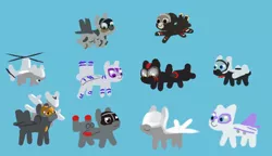 Size: 520x300 | Tagged: safe, artist:andromailus, oc, oc:air liner, oc:berkut, oc:blitz, oc:cloudwalker, oc:morgan, oc:skybreaker, oc:val, unofficial characters only, original species, plane pony, pony, predator drone, a-10 thunderbolt ii, ace combat, adfx-02 morgan, blue background, boeing 737, drone, f-35, female, image, mig-25, mq-8 fire scout, plane, png, simple background, smiling, sr-71 blackbird, su-47, tiny, tiny ponies, xb-70 valkyrie