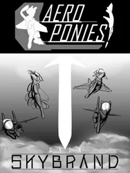 Size: 1500x2000 | Tagged: safe, artist:andromailus, oc, unofficial characters only, original species, plane pony, pony, cloud, cover art, eurofighter typhoon, f-15 eagle, f-16, f-22 raptor, flying, image, monochrome, plane, png, text