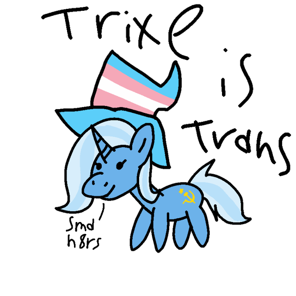 Size: 768x768 | Tagged: safe, anonymous artist, derpibooru import, trixie, pony, unicorn, clothes, communism, hat, headcanon, image, implied futa, lgbt headcanon, mouthpiece, op is trying to start shit so badly that it's kinda funny, png, pride, pride flag, solo, text, trans rights, trans trixie, transgender, transgender pride flag, trixie is trans, trixie's hat, trolling the fandom, wizard