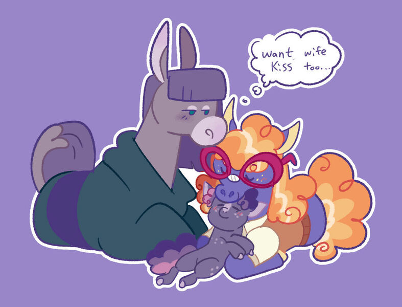 Size: 1024x781 | Tagged: safe, artist:babypaste, derpibooru import, frazzle rock, maud pie, oc, earth pony, pony, crack ship offspring, crack shipping, cuddling, family, female, image, jpeg, lesbian, magical lesbian spawn, maudrock, offspring, parent:frazzle rock, parent:maud pie, parents:maudrock, purple background, shipping, simple background, thought bubble