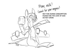 Size: 1500x1000 | Tagged: safe, artist:andromailus, oc, unofficial characters only, original species, plane pony, pony, black and white, dialogue, female, gas can, grayscale, image, kc-135, monochrome, open mouth, plane, plone milk, png, sitting, solo