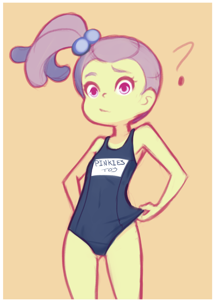 Size: 1040x1460 | Tagged: suggestive, artist:drantyno, derpibooru import, lily pad (equestria girls), equestria girls, clothes, image, one-piece swimsuit, png, simple background, sukumizu, swimsuit, text