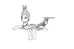 Size: 1500x1000 | Tagged: safe, artist:andromailus, oc, unofficial characters only, original species, plane pony, pony, black and white, clothes, da40, dancing, female, food, grass skirt, grayscale, image, lei, monochrome, pineapple, plane, png, raised hoof, skirt, smiling, solo