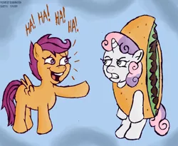 Size: 1460x1200 | Tagged: safe, artist:scobionicle99, derpibooru import, scootaloo, sweetie belle, pegasus, pony, unicorn, clothes, costume, female, filly, food, gritted teeth, image, jpeg, laughing, pointing, pun, sweetie belle is not amused, taco, taco belle, teasing, unamused
