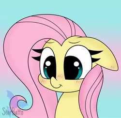 Size: 2048x1998 | Tagged: safe, artist:starbatto, derpibooru import, fluttershy, pegasus, pony, blushing, bust, cute, female, floppy ears, gradient background, high res, image, jpeg, mare, portrait, shyabetes, smiling, solo, three quarter view