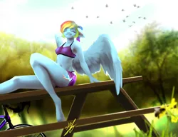 Size: 2000x1538 | Tagged: safe, artist:thatdreamerarts, derpibooru import, rainbow dash, anthro, bee, insect, pegasus, clothes, hooves, image, park, park table, png, scenery, shorts, solo, sports bra, sports shorts, table, tree, wings