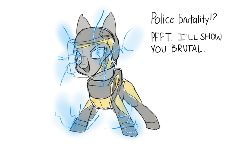Size: 1500x1000 | Tagged: safe, artist:andromailus, oc, unofficial characters only, pony, taser pony, dialogue, electricity, image, looking at you, open mouth, png, police brutality, riot gear, simple background, solo, taser, white background