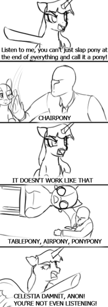 Size: 300x851 | Tagged: safe, artist:anonymous, twilight sparkle, twilight sparkle (alicorn), oc, oc:anon, ponified, alicorn, human, object pony, original species, pony, air pony, black and white, chair pony, comic, dialogue, female, frustrated, grayscale, horn, image, mare, monochrome, open mouth, png, shrunken pupils, table pony, wings