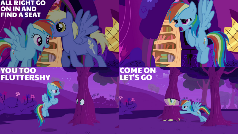 Size: 1280x720 | Tagged: safe, derpibooru import, edit, edited screencap, editor:quoterific, screencap, fluttershy, rainbow dash, pegasus, pony, hurricane fluttershy, female, fluttertree, golden oaks library, image, library, male, mare, night, open mouth, png, smiling, stallion