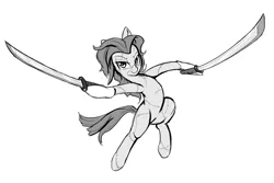 Size: 1500x1000 | Tagged: safe, artist:andromailus, oc, oc:ariel, unofficial characters only, pony, undead, zombie, zombie pony, dual wield, female, image, katana, looking at you, mare, monochrome, png, simple background, solo, stitches, sword, weapon, white background