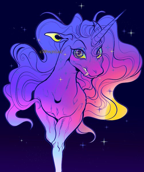 Size: 1713x2048 | Tagged: safe, artist:cl0wniac, derpibooru import, princess luna, alicorn, pony, eyestrain, fangs, female, gradient, horn, image, jpeg, mare, solo, stars