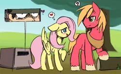Size: 850x521 | Tagged: safe, artist:ende26, color edit, derpibooru import, edit, big macintosh, fluttershy, earth pony, human, pegasus, pony, blushing, cardboard box, colored, crossover, crossover shipping, female, fluttermac, heartbreak, hiding, image, implied gay, log, male, mare, metal gear, missing cutie mark, png, question mark, raised hoof, shipping, solid snake, spying, stallion, straight, thought bubble