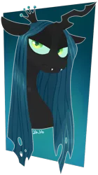 Size: 512x913 | Tagged: safe, artist:2k.bugbytes, ponybooru import, queen chrysalis, changeling, changeling queen, bust, fangs, female, image, lidded eyes, lineless, looking at you, png, signature, simple background, solo, transparent background, unhappy