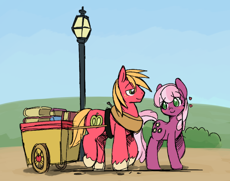 Size: 900x708 | Tagged: safe, alternate version, artist:ende26, color edit, derpibooru import, edit, big macintosh, cheerilee, earth pony, pony, book, cart, cheerimac, colored, female, floating heart, heart, image, lamppost, male, mare, png, shipping, stallion, straight