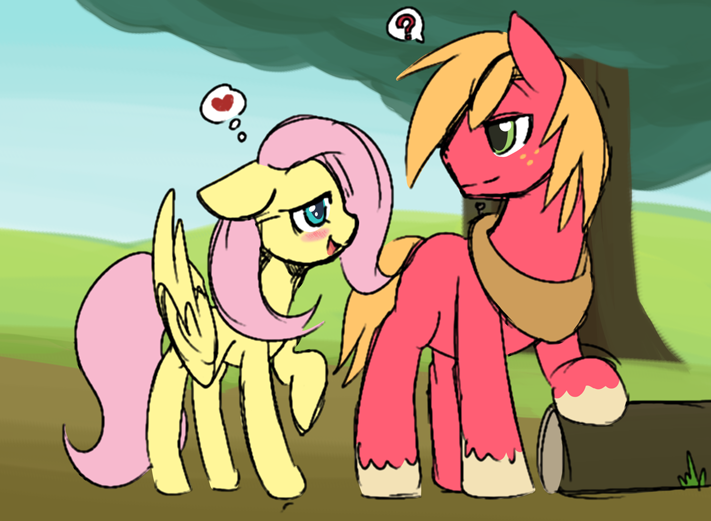 Size: 711x521 | Tagged: safe, alternate version, artist:ende26, color edit, derpibooru import, edit, big macintosh, fluttershy, earth pony, pegasus, pony, blushing, colored, cropped, female, fluttermac, image, log, male, mare, missing cutie mark, png, question mark, raised hoof, shipping, stallion, straight, thought bubble