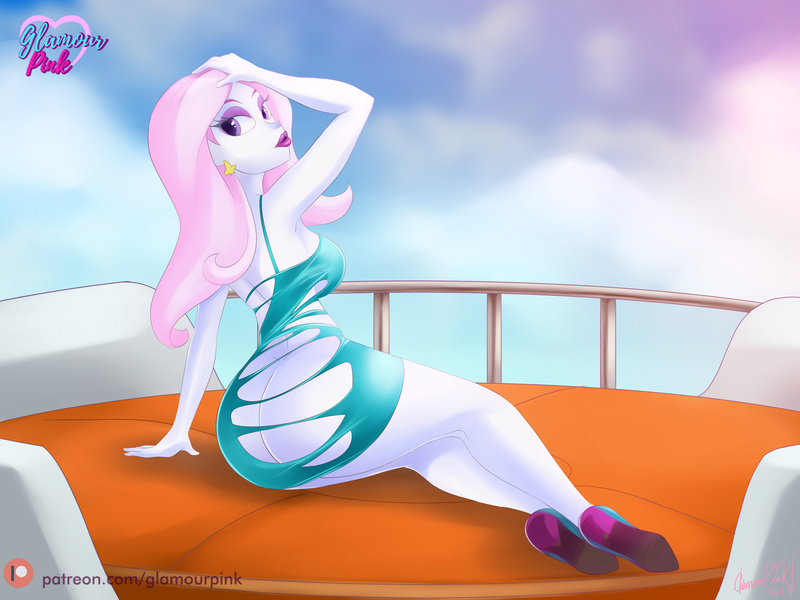 Size: 1920x1440 | Tagged: suggestive, artist:glamourpink, derpibooru import, fleur-de-lis, equestria girls, boat, clothes, cutie mark, deck, from behind, hand on head, image, jpeg, looking back, minidress, over shoulder, ship, sitting, sky, torn clothes