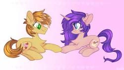 Size: 1920x1080 | Tagged: safe, artist:n in a, derpibooru import, feather bangs, oc, oc:melody verve, earth pony, unicorn, canon x oc, commission, couple, cute, digital art, happy, image, looking at each other, lying down, png, simple background, smiling, touching hooves