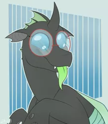 Size: 1035x1187 | Tagged: safe, artist:2k.bugbytes, ponybooru import, oc, oc:yvette (evan555alpha), unofficial characters only, changeling, bust, cute, cuteling, dorsal fin, fangs, female, glasses, horn, image, looking to side, looking to the right, png, sideways glance, smiling, solo, tongue out, weapons-grade cute