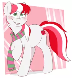 Size: 1112x1200 | Tagged: safe, artist:2k.bugbytes, ponybooru import, oc, oc:strawberry surprise (2k.bb), unofficial characters only, earth pony, pony, abstract background, blushing, clothes, earth pony oc, eye clipping through hair, female, green eyes, image, mare, multicolored mane, multicolored tail, png, raised hoof, raised leg, scarf, simple background, smiling, solo, white coat