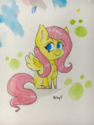 Size: 2121x2828 | Tagged: safe, artist:artnstuff101, derpibooru import, fluttershy, pegasus, pony, chest fluff, chibi, colored hooves, cute, image, jpeg, shyabetes, signature, sitting, solo, spread wings, traditional art, watercolor painting, wings
