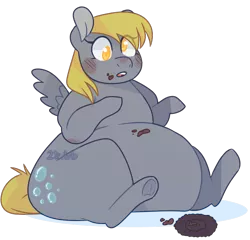 Size: 676x649 | Tagged: suggestive, artist:2k.bugbytes, ponybooru import, derpy hooves, pegasus, pony, belly, big belly, crumbs, fat, female, food, image, muffin, obese, png, simple background, sitting, solo, transparent background, wrapper