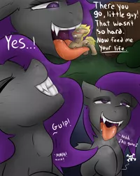 Size: 1600x2000 | Tagged: suggestive, artist:kingkrail, derpibooru import, oc, oc:fritzy, oc:krail, unofficial characters only, bat pony, earth pony, pony, comic:fritzy go seek, blushing, breath, evil grin, fangs, fear, female pred, grin, image, implied death, macro, male prey, oral vore, png, skull and crossbones, smiling, swallowing, teasing, throat bulge, tongue out, vore