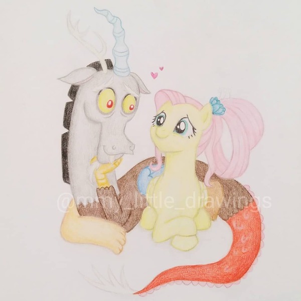 Size: 1079x1079 | Tagged: safe, artist:mmy_little_drawings, derpibooru import, discord, fluttershy, draconequus, pegasus, pony, crossed arms, discoshy, eyelashes, female, heart, image, jpeg, lying down, male, mare, prone, shipping, smiling, straight, traditional art, watermark