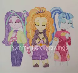 Size: 1080x1012 | Tagged: safe, artist:mmy_little_drawings, derpibooru import, adagio dazzle, aria blaze, sonata dusk, equestria girls, clothes, eyelashes, eyes closed, female, image, jpeg, shorts, smiling, the dazzlings, traditional art, watermark