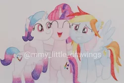 Size: 1080x729 | Tagged: safe, artist:mmy_little_drawings, derpibooru import, oc, unofficial characters only, pegasus, pony, unicorn, :d, ear piercing, earring, eyelashes, eyes closed, female, grin, horn, image, jewelry, jpeg, mare, not rainbow dash, pegasus oc, piercing, side hug, smiling, traditional art, unicorn oc, watermark, wings