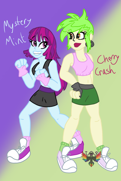 Size: 633x950 | Tagged: safe, artist:theanimatingfanatic, derpibooru import, cherry crash, mystery mint, equestria girls, boxing bra, boxing shorts, boxing skirt, clothes, female, fingerless gloves, gloves, image, martial arts kids, martial arts kids outfit, martial arts kids outfits, png, shoes, sneakers, socks, sports bra