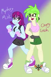 Size: 633x950 | Tagged: safe, artist:theanimatingfanatic, derpibooru import, cherry crash, mystery mint, equestria girls, boxing bra, boxing shorts, boxing skirt, clothes, female, fingerless gloves, gloves, image, martial arts kids, martial arts kids outfit, martial arts kids outfits, png, shoes, sneakers, socks, sports bra