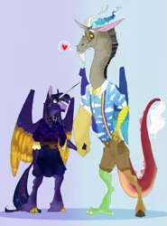 Size: 795x1072 | Tagged: safe, artist:d3pressedr4inbow, derpibooru import, discord, twilight sparkle, alicorn, anthro, bowtie, cloven hooves, discolight, female, glasses, gradient background, heart, height difference, holding hands, image, male, png, shipping, straight, suspenders, twilight sparkle (alicorn)