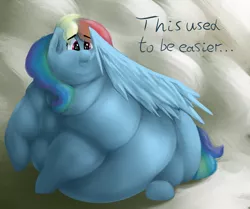 Size: 1923x1606 | Tagged: safe, artist:lupin quill, derpibooru import, rainbow dash, pegasus, pony, alternate hairstyle, belly, big belly, bingo wings, butt, chubby cheeks, double chin, fat, fat fetish, fetish, grooming, image, implied weight gain, lineless, morbidly obese, multichin, obese, plot, png, preening, rainblob dash, solo