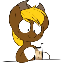 Size: 564x571 | Tagged: safe, artist:2k.bugbytes, ponybooru import, oc, oc:acres, unofficial characters only, earth pony, pony, blonde, blonde mane, brown coat, cowboy hat, drink, eye clipping through hair, glass, hat, image, male, png, simple background, smiling, solo, stallion, straw, transparent background