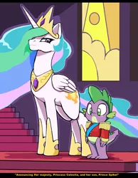 Size: 1524x1968 | Tagged: safe, artist:droll3, derpibooru import, princess celestia, spike, alicorn, dragon, pony, clothes, collar, crown, cutie mark, digital art, duo, female, hooves, horn, image, jewelry, male, mare, momlestia, mother and child, mother and son, png, prince spike, regalia, stairs, tail, wings