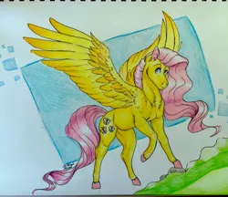 Size: 3459x2994 | Tagged: safe, artist:artnstuff101, derpibooru import, fluttershy, pegasus, pony, colored hooves, female, image, jpeg, mare, solo, spread wings, traditional art, watercolor painting, wings