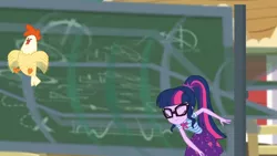 Size: 3410x1920 | Tagged: safe, derpibooru import, screencap, sci-twi, twilight sparkle, bird, chicken, equestria girls, equestria girls series, holidays unwrapped, spoiler:eqg series (season 2), bowtie, chalkboard, clothes, cutie mark, cutie mark on clothes, eyes closed, female, geode of telekinesis, glasses, image, jewelry, jpeg, magical geodes, necklace, ponytail, smiling, solo, sweet apple acres, the cider louse fools