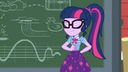 Size: 3410x1920 | Tagged: safe, derpibooru import, screencap, sci-twi, twilight sparkle, equestria girls, equestria girls series, holidays unwrapped, spoiler:eqg series (season 2), arm behind back, bowtie, chalkboard, clothes, cutie mark, cutie mark on clothes, eyes closed, female, geode of telekinesis, glasses, image, jewelry, jpeg, magical geodes, necklace, ponytail, smiling, solo, sweet apple acres, the cider louse fools