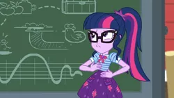 Size: 3410x1920 | Tagged: safe, derpibooru import, screencap, sci-twi, twilight sparkle, equestria girls, equestria girls series, holidays unwrapped, spoiler:eqg series (season 2), bowtie, chalkboard, clothes, cutie mark, cutie mark on clothes, female, geode of telekinesis, glasses, image, jewelry, jpeg, lip bite, magical geodes, necklace, ponytail, solo, sweet apple acres, the cider louse fools