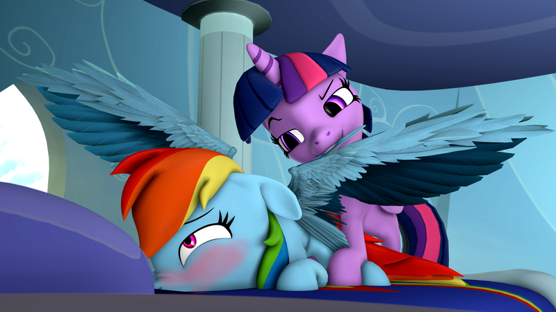 Size: 3840x2160 | Tagged: safe, artist:mr.tektite, derpibooru import, rainbow dash, twilight sparkle, twilight sparkle (alicorn), alicorn, pegasus, pony, 3d, blushing, feather, female, grooming, image, lesbian, png, preening, shipping, source filmmaker, twidash